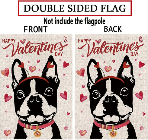 Valentines Day Garden Flag Valentine Boston Terrier Dog Flags for Outside Love Heart Anniversary Wedding Party Home Burlap Double Sided Yard Outdo...