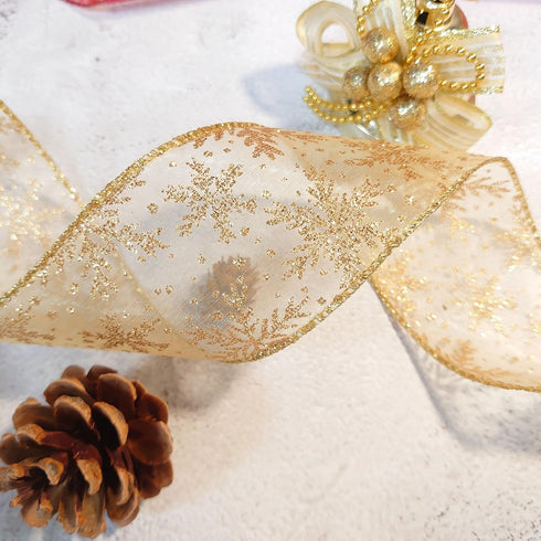 CT CRAFT LLC Organza with Gold Glitter Snowflakes Wired Ribbon 2.5 inch x 50 Yards for Christmas Home Decor Tree Topper Bow Gift Wrapping DIY Craf...