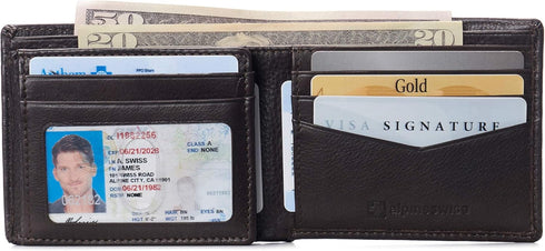 Alpine Swiss RFID Protected Mens Spencer Leather Wallet Bifold 2 ID Windows Divided Bill Section Comes in Gift Box Brown...
