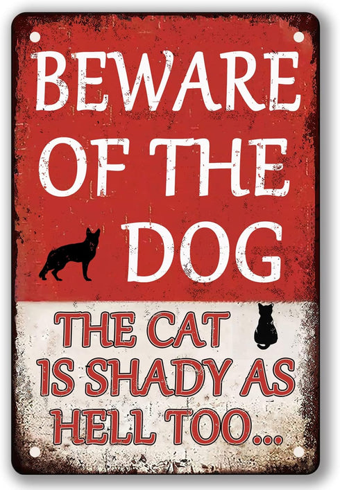 Beware Of Dog Sign Beware Of The Dog The Cat Is Shady Too Tin Sign Funny Dog Warning Metal Signs Dog Signs For Yard Fence Guard Dog Sign Outdoor D...