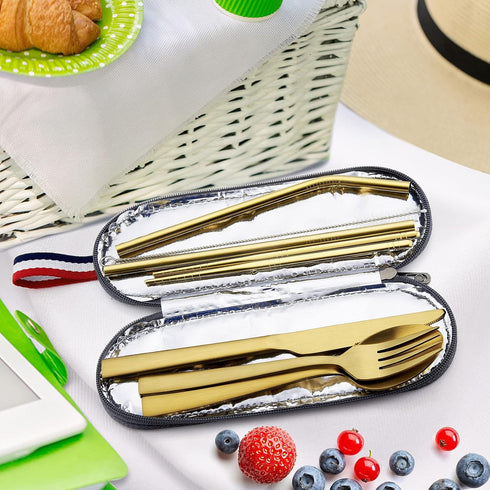 Matte Gold Travel Utensils with Case, E-far 8-Piece Reusable Travel Silverware Set, Metal Portable Camping Cutlery Flatware Set Includes Knife, Fo...