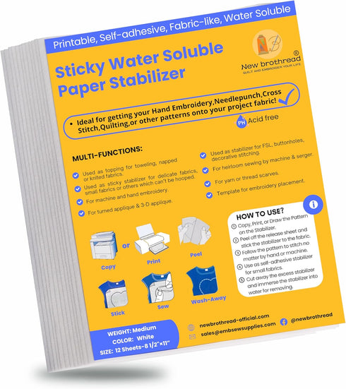 New brothread 12PCS 8.5"x11" Sticky Water Soluble Embroidery Stabilizer Printable Paper Stabilizer - Medium Weight - Allowed for Print or Draw Pat...