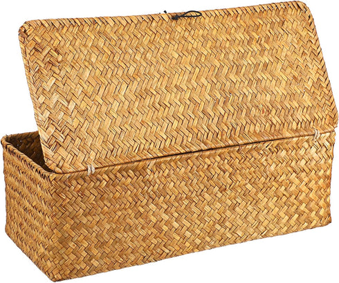 Hipiwe Seagrass Storage Basket Bin with Lid Rectangular Woven Shelf Baskets with 3-Section Toilet Paper Basket Holder for Closets Pantry Bathroom ...