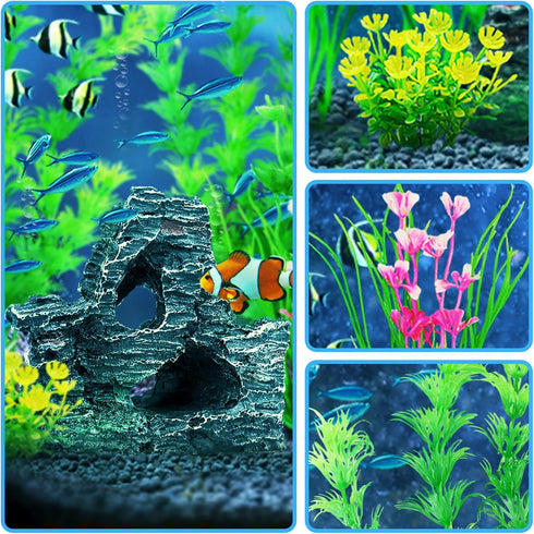 Fish Tank Accessories Artificial Plants, 9pcs Green Aquarium Decorations Plants and Cave Rock Decor Set, Aquarium Decor Plastic Plants...