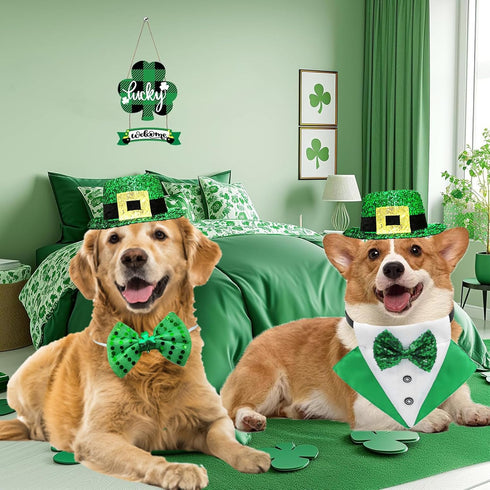 3Pack St.Patrick's Day Dog Costume Puppy Bandana Top Hat Green Shamrock Bow Tie Collar Adjustable Pet Scarf Formal Tux Clothes Irish Tuxedo Outfit...