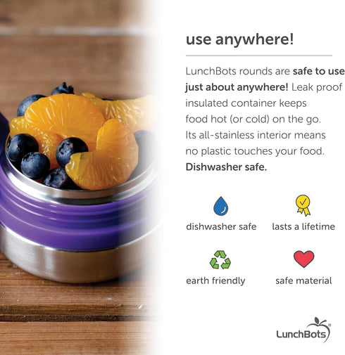 LunchBots Rounds Leak Proof 4 oz. Stainless Snack Container Jar, Set of 2, Purple Lids...