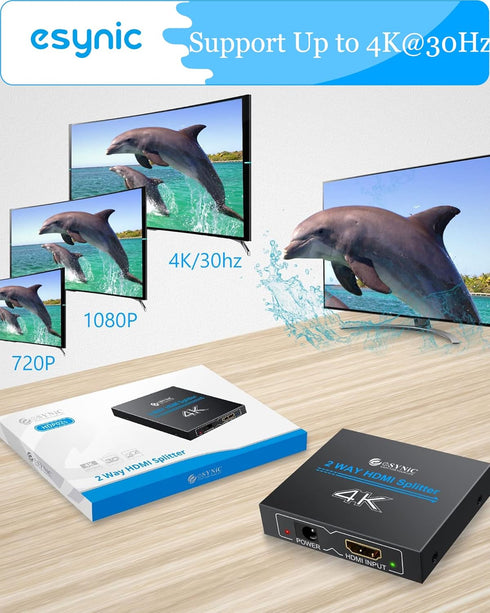 eSynic 4K/30HZ HDMI Splitter 2 Way HDMI Splitter 1 in 2 Out HDMI 1.4 Double Monitors for HDTV PS4 Blu-ray Player Laptop Satellite etc(Not Support ...
