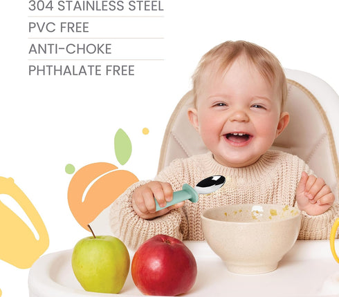 Lulyboo Silverware Utensils, Easy- Grip Handles, Self Feeding Baby & Toddler Stainless Steel Spoon & Fork Set, Ivory...