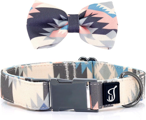 Ultra Joys Dog Collar with Bowtie - Soft Comfortable Cotton Fabric with Durable Metal Buckle in Boho Aztec Design - Small Size Collar with Removab...