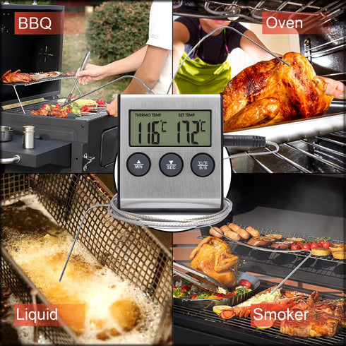 Kitchen Instant Read Meat Thermometer, Digital Candy Cooking Smoker Oven Thermometer, BBQ Timer Clock Grill with Stainless Steel Food Probe, Silve...