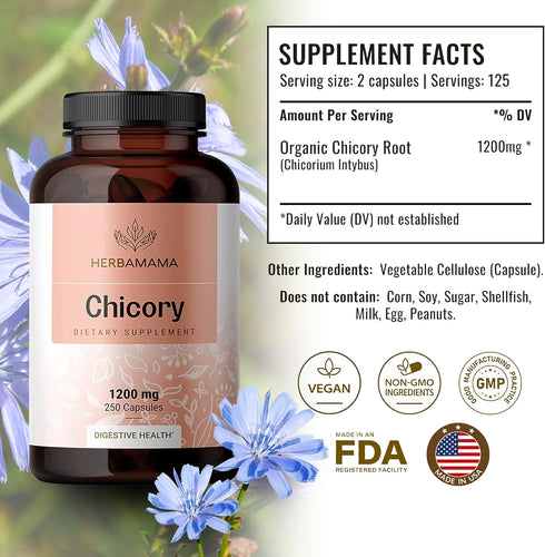 HERBAMAMA Organic Chicory Root Supplement - Support Digestion, Gut Health & Liver w/Inulin, a Prebiotic Fiber Supplement - Brain & Immunity Suppor...