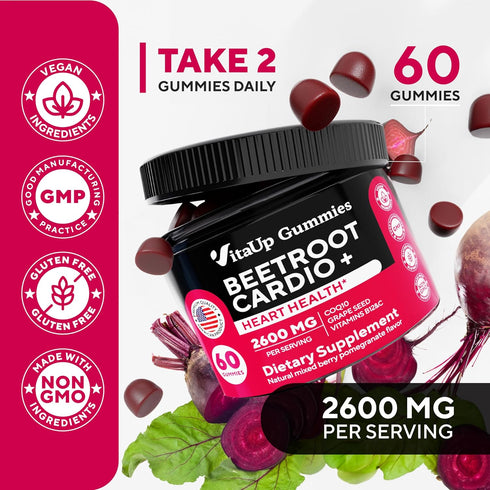 Beet Root Gummies - Cardio Beet Gummies 2600mg - Nitric Oxide Gummies with Beet Root, Grape Seed Extract, Coq10, Vitamin C & B12 - Beet Chews for ...