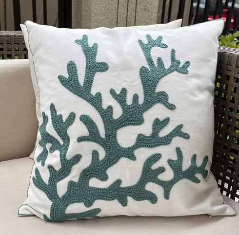 Embroidered Cute Nautical Animal Pillow Cover,Square 18 Inches Decorative Canvas Pillow Cover for Nautical Style Deco by (Seagreen-Coral)...