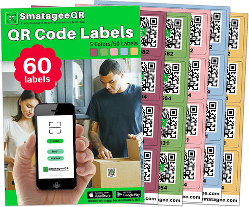 QR Code Labels for Storage Bins,Office Organization,Moving Containers,Inventory Organizer | Pack and Track on iOS,Android App| 60 Unique Coded Sti...