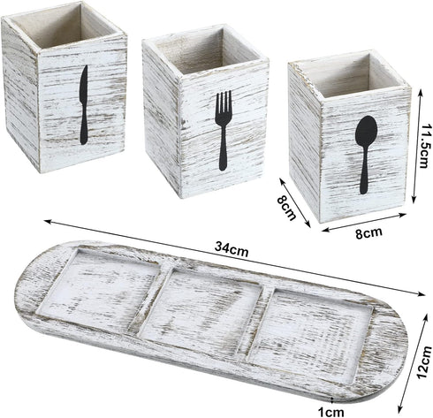 Kathfly 4 Pcs Silverware Caddy Utensil Holder for Countertop Silverware Organizer with Wood Tray Spoon Fork Holder for Kitchen Parties(Retro White...