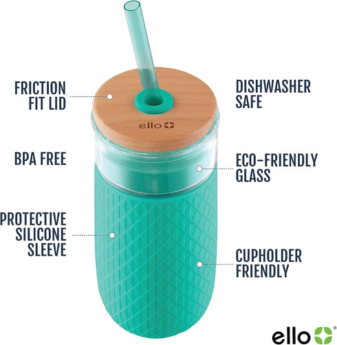Ello Devon 18oz Glass Tumbler with Straw, Friction Fit Bamboo Wood Lid and Silicone Sleeve | Perfect for Iced Coffee, Tea, Matcha and Smoothies...