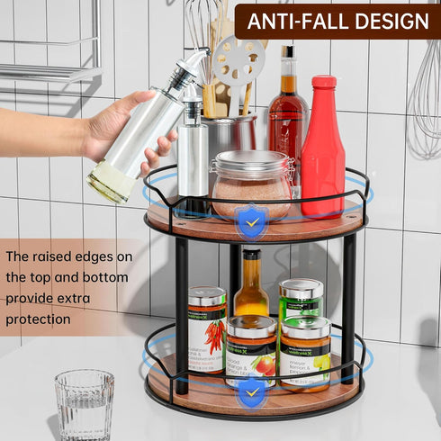 Lazy Susan Organizer 2 Tier - Turntable Spice Rack for Table Top, Wooden Rotating Lazy Susan for Cabinet Pantry Kitchen Countertop Dining Table Cu...