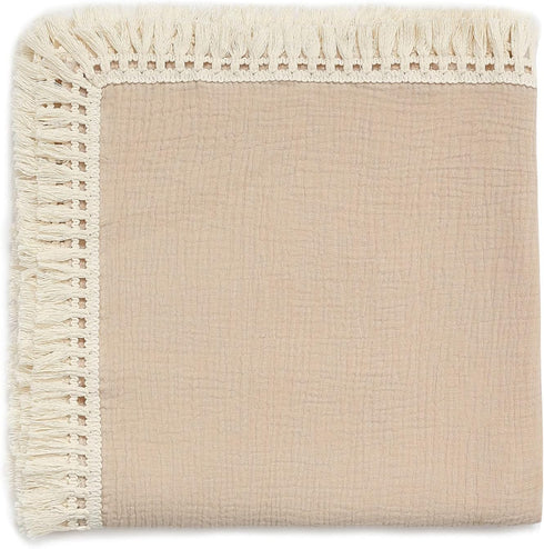insular Cotton Muslin Baby Blanket with Tassel, Boho Bohemian Muslin Swaddle Blanket Baby Receiving Blanket with Fringe, Nursery Decor Throw or Nu...