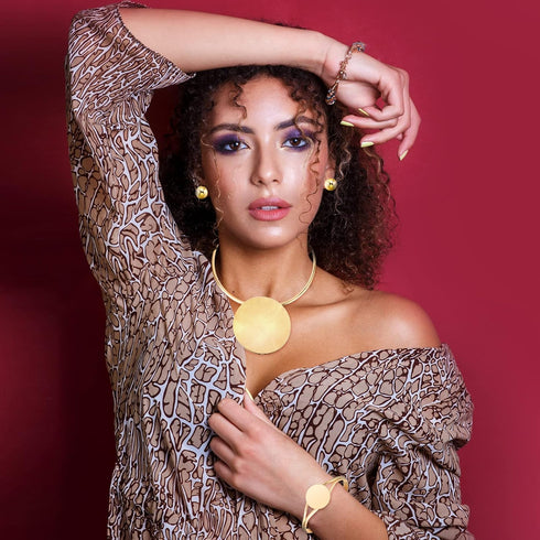 3 Pcs African Jewelry Sets Gold Choker Earrings Bracelet, African Collar Statement Necklace, Stud Earrings, Open Hoop Bracelet for Nigerian Costum...