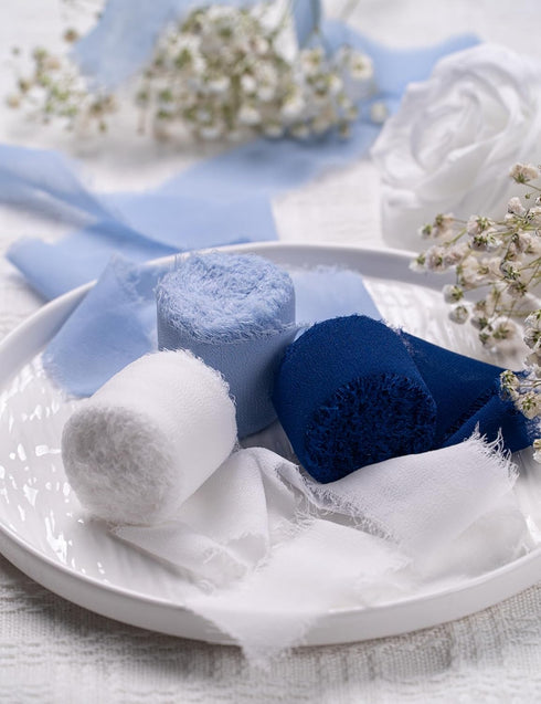 Chiffon Ribbon, Navy Blue White 1.5''x21Yd Frayed Fringe Silk Ribbon for Gift Wrapping, Handmade Ribbon for Floral Vase Decor, Wedding, Birthday, ...
