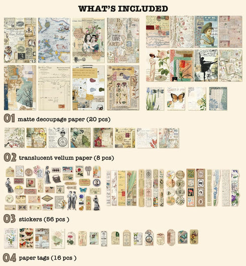 100 Pieces Vintage Ephemera Pack Junk Journal Kit Scrapbook Supplies Decoupage Paper Sticker Material for Art Journaling Bullet Journals Planners ...
