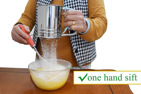 3-Cup Stainless Steel Flour Sifter,Squeeze Sifter for Baking with Compatable Silicone Handle (Red)...