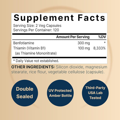 NatureBell Benfotiamine 300mg with Thiamine 100mg Per Serving | 240 Veggie Capsules – Essential Vitamin B1 Benfotiamine Supplement – Vegetarian Fr...