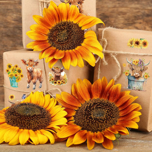 9 Sheets Highland Cow Rub on Transfers Sunflower Cow Pattern Transfer Stickers Cute Animal Floral Furniture Decals for Home Office Paper Wood DIY ...