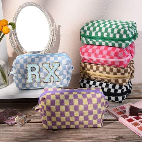 6 Pcs Checkered Makeup Bag Preppy Cosmetic Bag Bulk Pink Black Makeup Pouch Personalize Travel Toiletry Bag Organizer Cute DIY Makeup Brushes Stor...