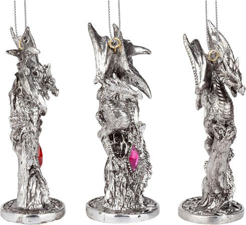 Design Toscano 3 Dragons of The Amesbury Holiday Gemstone Ornament Set, Silver,Christmas...