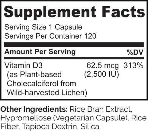NATURELO Vitamin D - 2500 IU - Plant Based from Lichen - Natural D3 Supplement for Immune System, Bone Support, Joint Health - Vegan - Non-GMO - G...