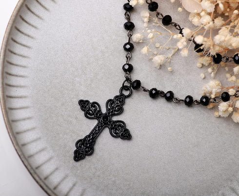 Sacina Gothic Layered Cross Necklace, Zinc Alloy Black Bead Cross Choker Necklace, Halloween Goth Jewelry Gift for Women (Layered Bead Cross)...