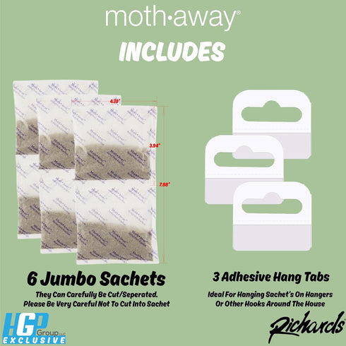 Richards Homewares Moth Away Herbal Non Toxic Natural Repellent, 6-Jumbo Sachets...
