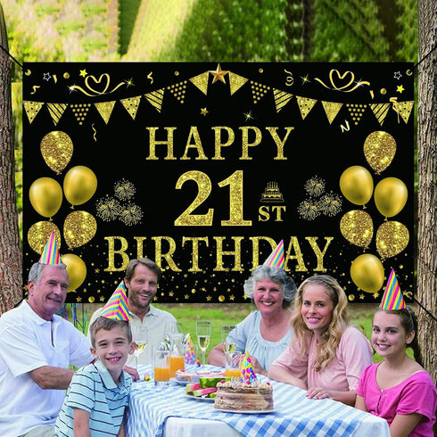 Trgowaul 21st Birthday Decorations for her him, Men Women Black Gold 21st Birthday Backdrop Banner, 21 Years Old Party Supplies Photography Backgr...