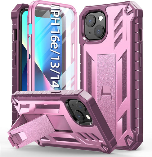 for iPhone 13/14 Protective Case: for iPhone 16e Cover with Built-in Kickstand | Heavy Duty Military Grade Hard Protection Shock Proof | Durable D...