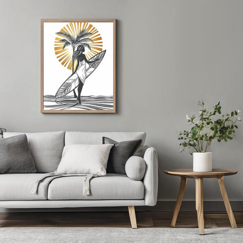 Posterizer 1 pcs-black and white art-woman at the beach with surfboard 1-Coastal & Nautical Art Gift for Nature, Surfers and Beach Lovers - unfra...