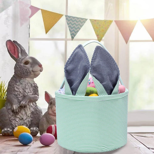 Easter Bunny Basket Seersucker Egg Bags for Kids,Personalized Candy Egg Basket Rabbit Print Buckets with Fluffy Tail Gifts Bags for Easter?Seersuc...