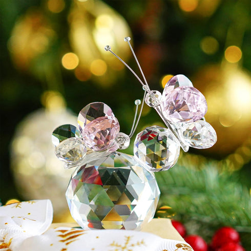 H&D HYALINE & DORA Pink Crystal Cut Double Butterfly Collectible Gift, Handmade Art Glass Animal Figurine, Gift Boxed...