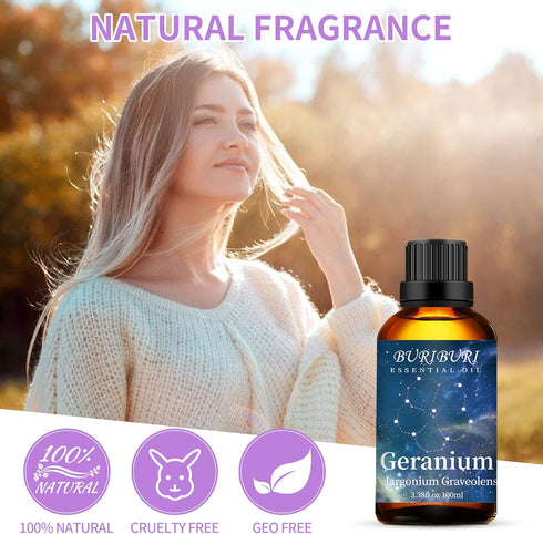 BURIBURI 100ML Geranium Essential Oil, 100% Pure Undiluted Aromatherapy Geranium Oil 3.38fl.oz for Soap, Candle Making, Massage, Diffuser, Humidif...