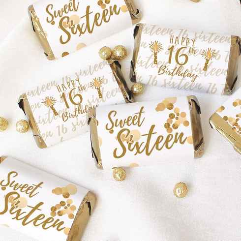 White and Gold Sweet 16 Birthday Party Mini Chocolate Candy Bar Wrappers - Sixteen 16th Party Favor Stickers - 42 Stickers...