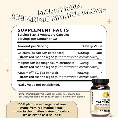 Future Kind Vegan Calcium Supplement (60 Capsules) - Plant-Based Calcium Magnesium Supplement Sourced from Iceland for Teeth and Bone Support - Ca...