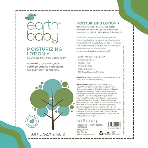 Earth Baby Moisturizing Lotion+, Hypoallergenic for Sensitive Skin, Natural and Organic, For Babies Toddlers and Kids, 3.8 Fl Oz...
