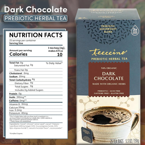 Teeccino Dark Chocolate Prebiotic SuperBoost™ Herbal Tea - Support Your Probiotics with Vegan GOS & Organic XOS For Good Gut Health and Regularity...