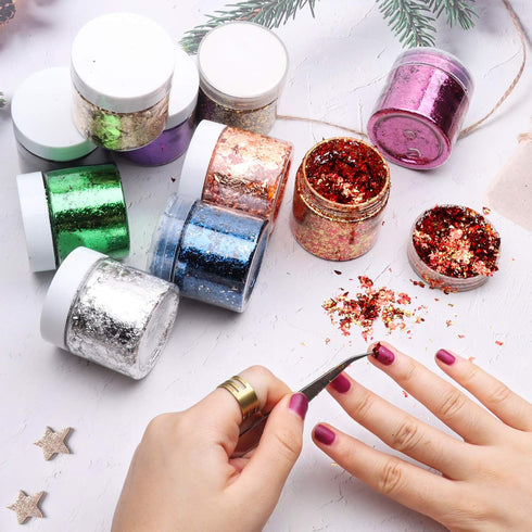 Gilding Foil Flakes for Resin,YUGDRUZY 18 g Metallic Foil Leaf Schabin Flakes with 2 Finger Cots and Tweezers,Imitation Metal Gilding Flakes for P...