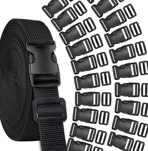 Buckles Strap Set, YGDZ 10 Yards 1 Inch Nylon Webbing Strap with 20 Set Side Release Plastic Buckles for Luggage Strap Backpack Repairing, Black...