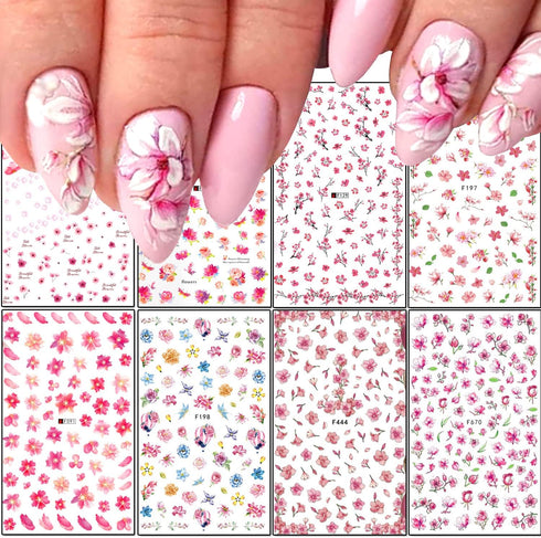 Cherry Blossom Nail Art Stickers, 3D Pink Flowers Nail Self-Adhesive Sticker Deisgns, Spring Red Plum Peach Leaf Dry Floral Nail Art Decals Suppli...