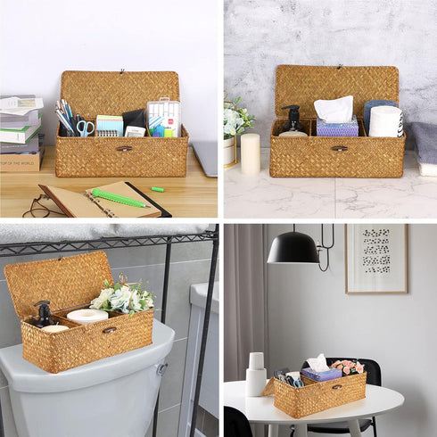 Hipiwe Seagrass Storage Basket Bin with Lid Rectangular Woven Shelf Baskets with 3-Section Toilet Paper Basket Holder for Closets Pantry Bathroom ...