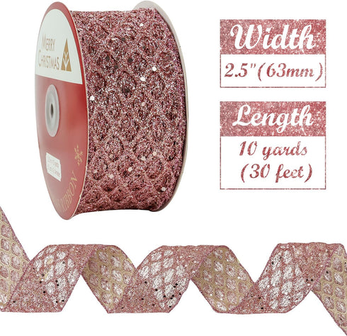 HUIHUANG Rose Gold Wired Ribbon 2-1/2 inch, Rose Gold Pink Christmas Ribbon Diamond Glitter Wire Edge Ribbon for Holiday Tree, Bows Making, Wreath...