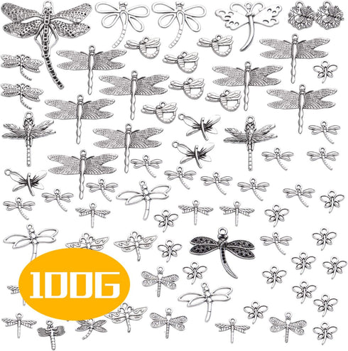 100g (About 50-80pcs) Antique Silver Dragonfly Charms Tibetan Insect Charms Pendants Craft Supplies for Bracelets Necklace Jewelry Making...