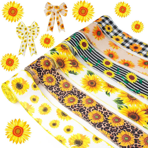 Sunflower Ribbon Wired Ribbon 6 Rolls 40 Yards Wired Edge Yellow Ribbon 2.5 Inch Burlap Ribbon Plaid Stripe Summer Fall Ribbon Floral Ribbon for B...